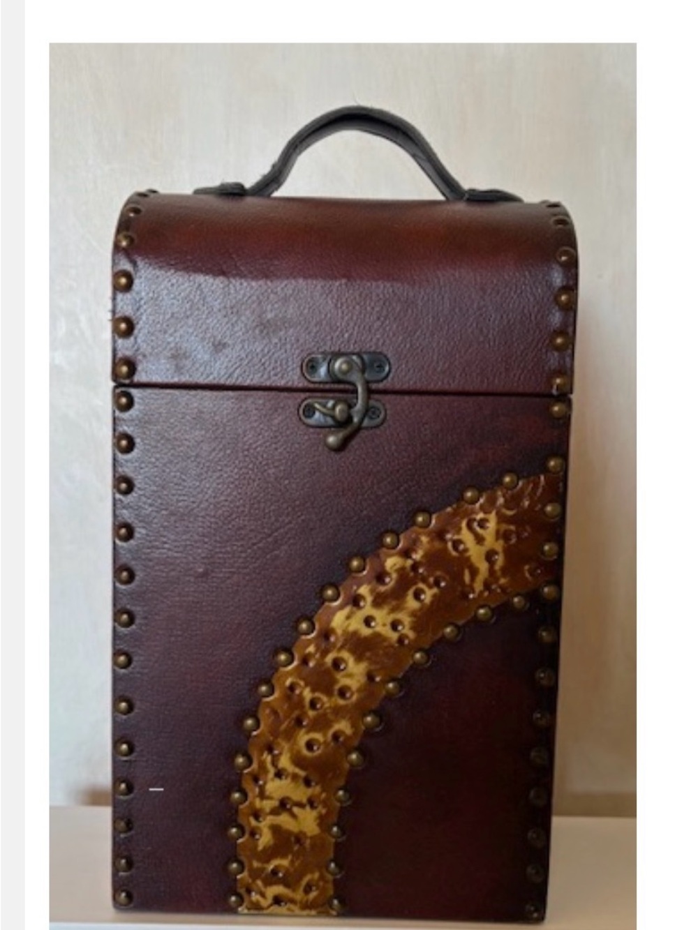 TWO Wine Bottle Case, Faux Leather Wood Studded Wine Box Tote. One case.